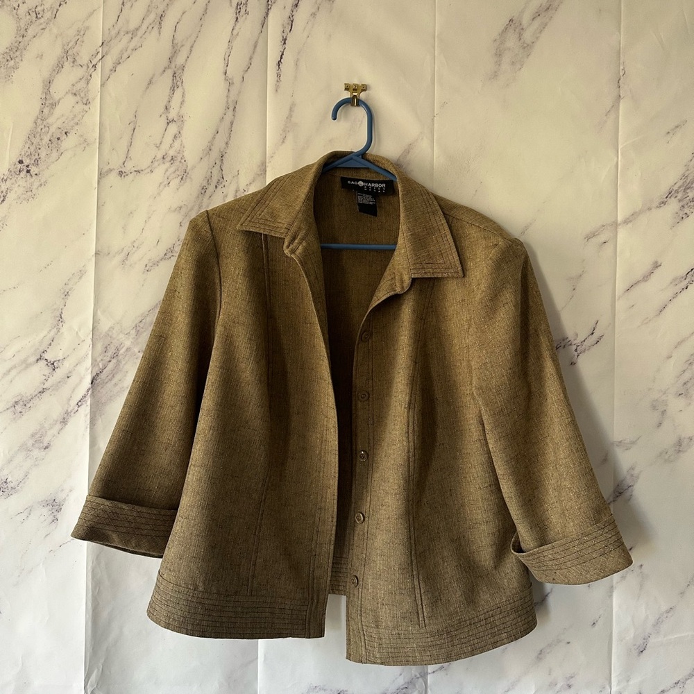 VTG 90'S SAG HARBOR DRESS - TAN BUTTON UP BLAZER JACKET 3/4 SLEEVE WOMENS 14W